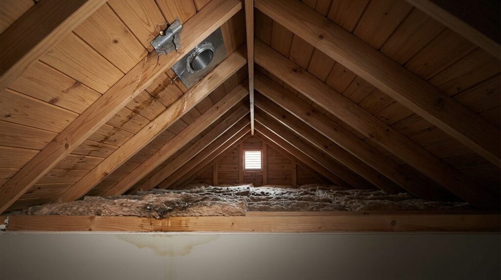 Attic interior view showing wood rafters and insulation, used for tracing the source of a roof leak