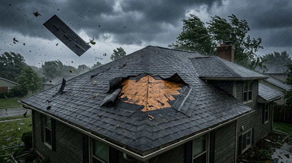 Strong storm winds tearing shingles off a residential roof, causing visible wind damage