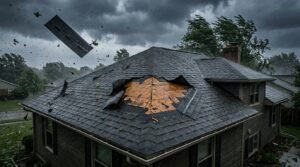 Strong storm winds tearing shingles off a residential roof, causing visible wind damage